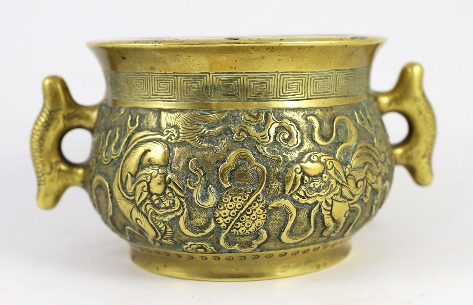 A Chinese polished bronze ‘Buddhist lion’ censer, gui, 19th century, 19.5cm wide, rim diameter 14cm